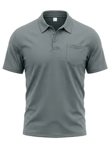 Detail shot of a grey men's short-sleeve Polo shirt showing breathable pique texture