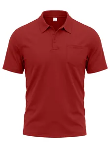 Detail shot of a red men's polo shirt with chest pocket and mesh polyester fabric.