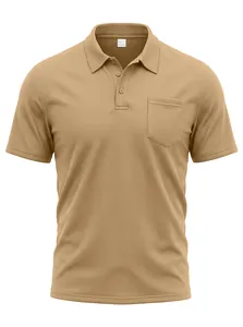 Detail of a men's tactical polo shirt in khaki with chest pocket and mesh fabric