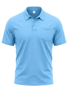 Light blue men's short sleeve polo shirt with chest pocket and grid texture detail.