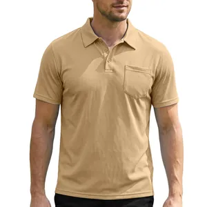 Classic tan men's tactical short sleeve polo shirt with front pocket and button collar