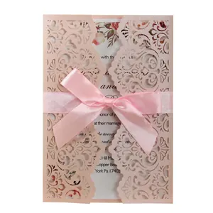 Elegant Wedding Invitation Cards Pearlescent Paper Laser Cut Hollow Floral Design European Style Party Invitations With Ribbons And Envelopes