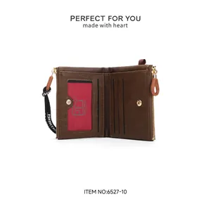 Interior view of women's short brown PU leather wallet with card slots and zipper