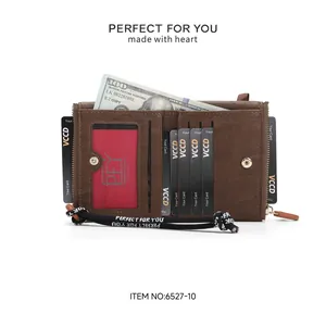 Detailed view of brown PU leather women's wallet with multiple card slots and cash.
