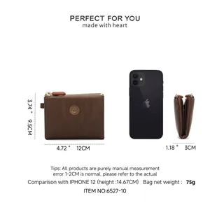Compact brown PU leather coin purse with detailed size dimensions and iPhone 12 comparison