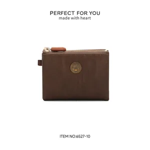 Front view of brown PU leather women's short zipper wallet pouch