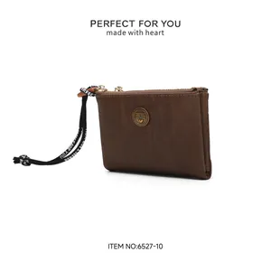 Short brown PU leather women's wallet with wrist strap and vintage metal logo detail