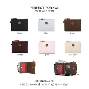 Women's short PU leather wallet in multiple colors with card slots and zip pocket.