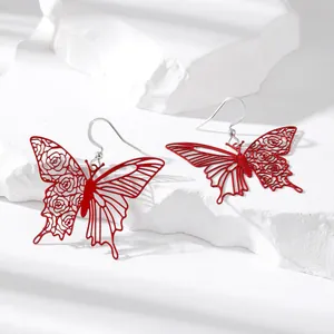 Elegant red butterfly filigree drop earrings with hollow rose pattern for women