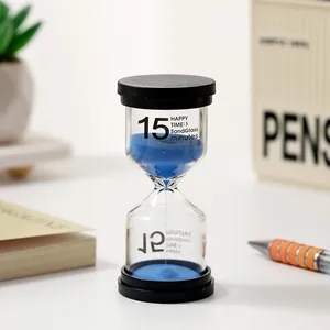 15-Minuten-Sanduhr-Timer mit blauem Sand und schwarzem Deckel für Schreibtisch