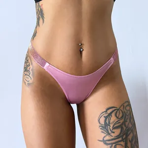 Women Sexy Thong Panties Gradient Rhinestone Shine Straps Low Waist Satin Texture Breathable Lingerie Underwear