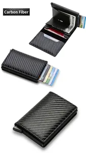 Detail view of the carbon fiber RFID blocking automatic pop-up card holder wallet.