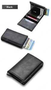 Close-up detail view of the black RFID-blocking automatic pop-up cardholder wallet
