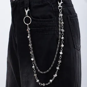 Punk double-layered silver metal pants chain with dice charms for gothic hip-hop