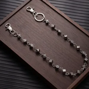 Dark punk style silver metal wallet chain featuring unique dice charms for hip hop accessory