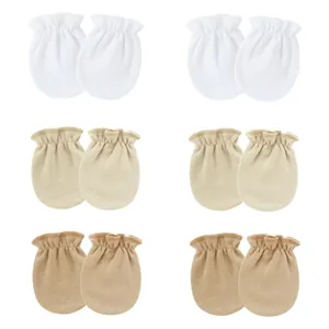 Six pairs of soft cotton anti-scratch mittens for newborn babies in neutral colors