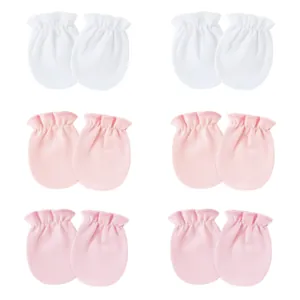 Soft cotton newborn baby anti-scratch mittens with elastic cuffs in white and pink set