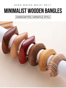Detailed macro view of six vintage wooden bangles featuring various natural wood grains