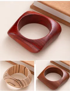 Detail view of retro square wooden bangles showing different natural grain textures