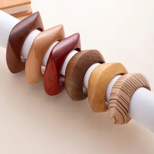 Retro Wooden Bracelet Bangle Natural Wood Geometric Square Round Shape Wide Chunky Artistic Vintage Hand Jewelry For Women