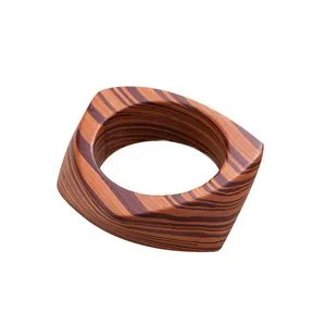 Minimalist vintage square wooden bangle with unique natural striped wood grain