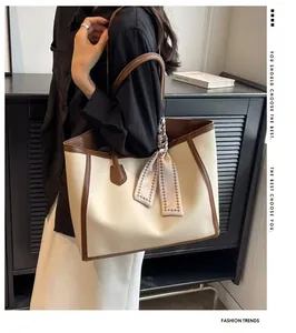 Minimalist large capacity tote bag with silk scarf decoration for women's daily fashion
