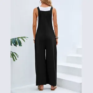 Rückansicht eines schlichten schwarzen Freizeit-Overalls mit weitem Bein für Damen