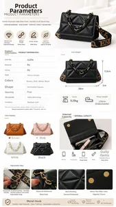 Detailed product specifications for quilted crossbody bag with dimensions and strap length