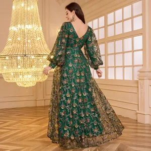 Elegant emerald green V-neck evening gown with lantern sleeves and sequin embroidery