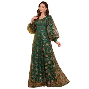 Elegant dark green evening gown featuring floral sequin embroidery and lantern sleeves