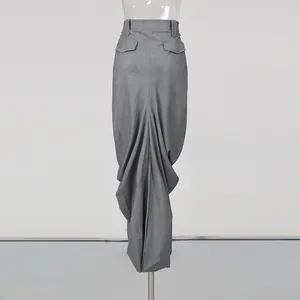 Elegant grey pleated midi skirt featuring a unique draped design shown from the back.