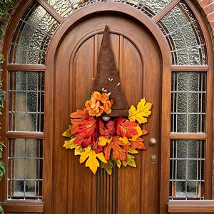 Autumn Harvest Gnome Door Hanging Decoration Fabric Brown Hat Faux Maple Leaves Silk Flowers Thanksgiving Home Wall Decor