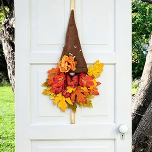 Autumn harvest festival gnome wreath door hanging with colorful faux maple leaves