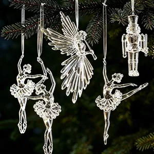 Elegant clear acrylic Christmas ornaments featuring ballerina, angel, and nutcracker shapes
