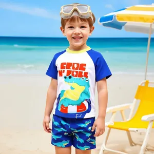 Boys Cartoon Crocodile Two-Piece Swimsuit Quick Dry Short Sleeve Rash Guard Top And Swimming Shorts For Beach Swimming