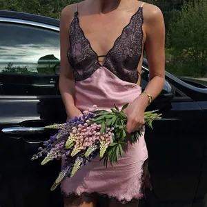 Women's Sexy Satin Mini Dress V Neck Lace Patchwork Sleeveless Slim Fit Backless Slip Dress Clubwear Party Dress Khaki