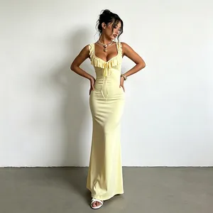 Pale yellow ruffle tie slim-fit maxi dress for summer evening gala parties.