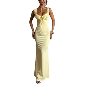 Sexy ruffled slim-fit maxi dress with tie-front detail for summer evening parties