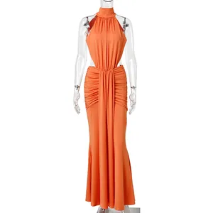 Elegant orange halter neck backless mermaid evening maxi dress with ruched details