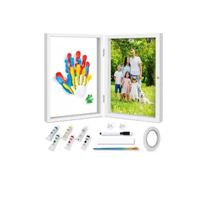 DIY Family Handprint Photo Frame Wooden Memorial Shadow Box With Acrylic Paint And Brushes For Unique Home Decor