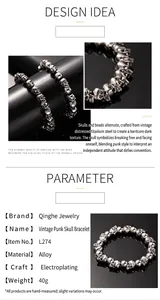 Vintage punk style skull head bracelet crafted from silver electroplated alloy metal