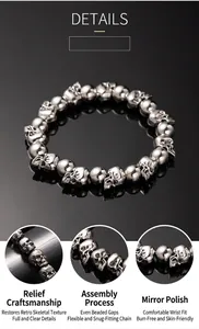 Gothic punk skull bracelet with vintage silver finish and detailed relief carving detail.