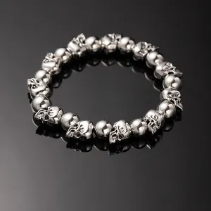 Vintage punk gothic skull bracelet for men featuring polished silver tone beads