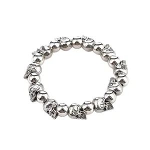 Retro punk silver skull bead bracelet for men, dark gothic style jewelry accessory
