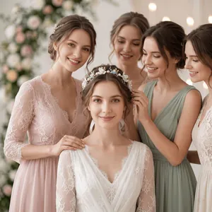 Elegant handmade bridal headband with pearls and flowers worn by a group of bridesmaids.