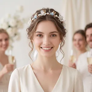 Close-up of a sweet beaded bridal headband with gold leaves and pearls on a model