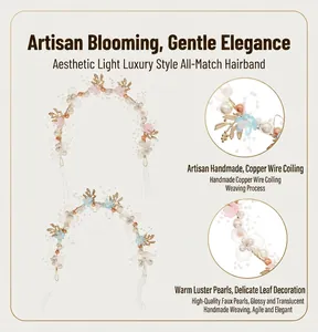 Handmade floral headband with pearls and golden leaves for bridal or children's use.