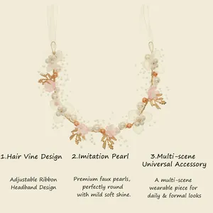 Elegant floral hair vine with faux pearls and adjustable ribbon for bridal hairstyles.