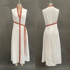 Front and back view of a white sleeveless maxi dress with orange trim