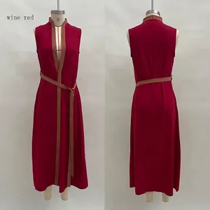 Wine red sleeveless casual dress with contrast brown trim shown in front and back